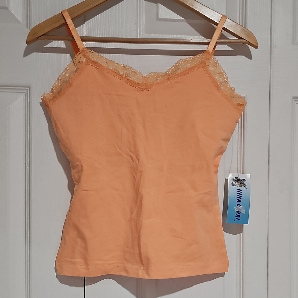 🍑 NWT Nina Capri Peach Lace Trim Cami Cotton Stretch Tank